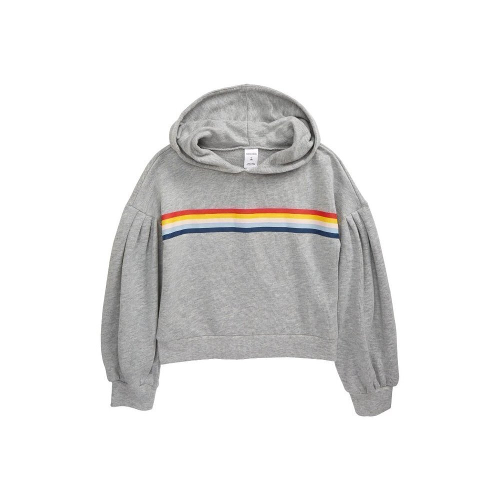 New Nordstrom Small 7/8 Kids' Graphic Balloon Sleeve Hoodie Gray Rainbow NWT